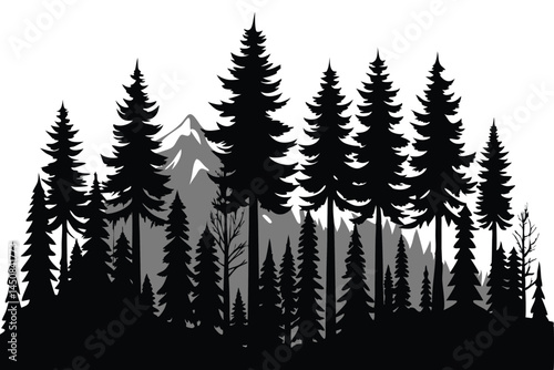 Silhouette of a dense pine forest with mountains shown behind on a transparent background
