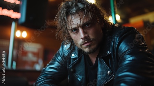 A captivating close-up of a rugged man with tousled hair wearing a black leather jacket, showcasing his intense gaze and the ambiance of a lively bar setting.