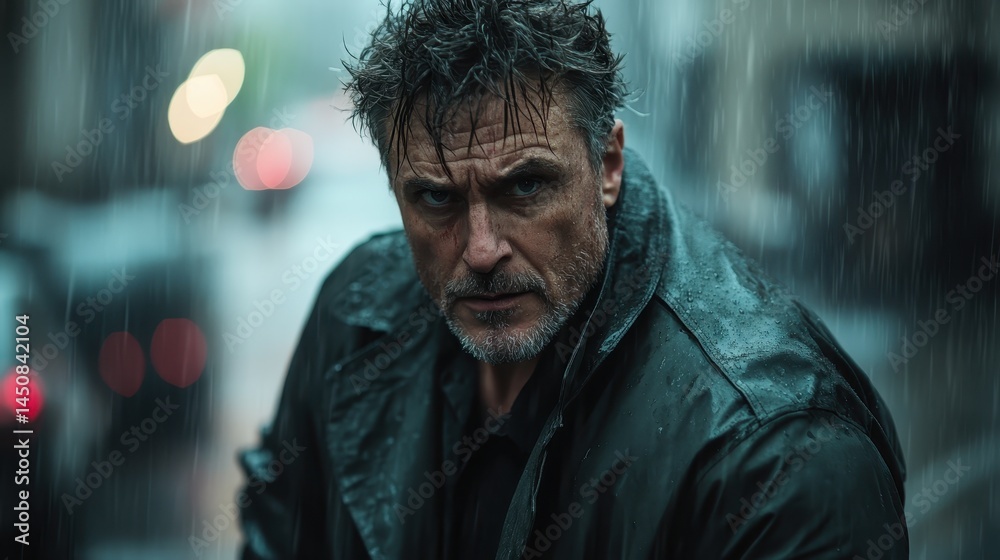 A weathered man in a rain-soaked environment, exuding strength and grit through his expression and attire, illustrating a story of resilience against nature's elements. A weathered man in a rain-soaked environment, exuding strength and grit through his expression and attire, illustrating a story of resilience against nature's elements.