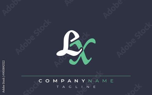 Elegant Stylized LX Lettering Design. Stylish Modern Logo featuring Monogram Letters in White and Teal Shade