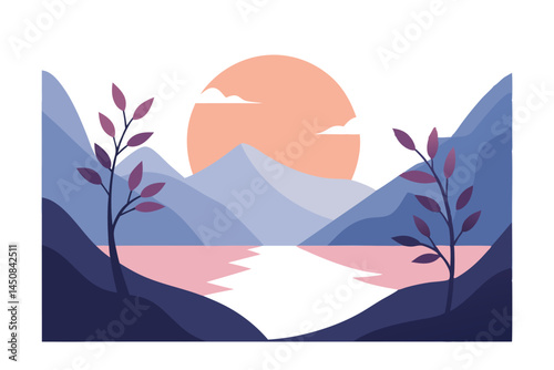 Simplified landscape featuring mountains, a peach sun, soft pink water, and two trees in silhouette style
