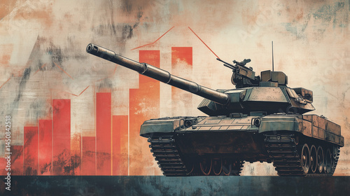 Tank Beside Upward-Trending Chart with Arrow – Symbolizing Rising Military Defense Expenditures