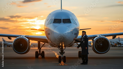 Airplane on tarmac at sunrise, ground crew member attending to the jet