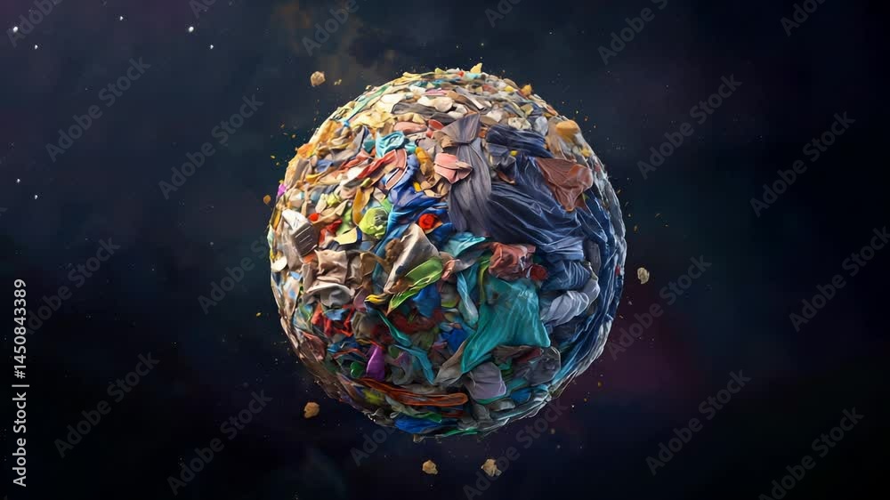 Colorful crumpled materials compressed into planet-like shape floating in dark space with scattered debris. Metaphorical representation of global waste accumulation.