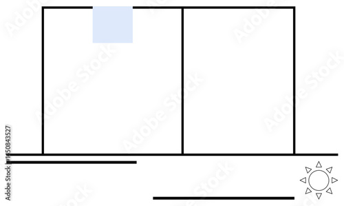 Horizontal and vertical lines form a window with a sunlight symbol and subtle blue tint. Ideal for architecture, interior design, minimalism, clean layout, clarity, balance, and energy efficiency. A