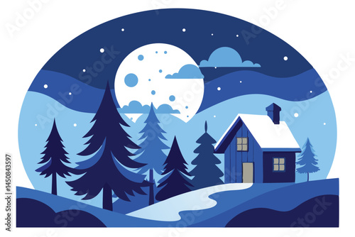 Snowy cabin stands quietly among dark pines under a bright moonlit winter night
