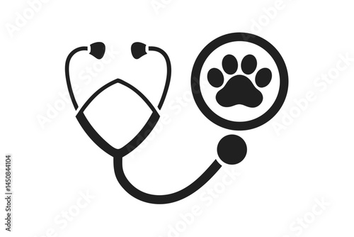 Stethoscope leads to a canine paw print inside a circle on transparent backdrop