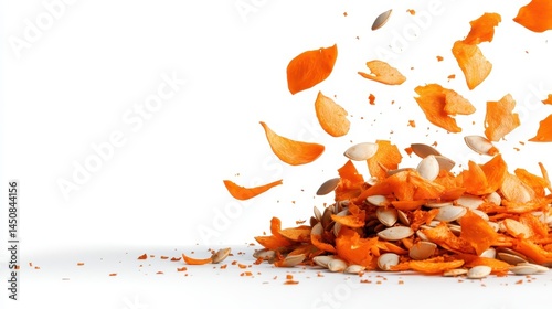 A vibrant display of pumpkin guts and seeds flying in the air, illustrating the essence of autumn, harvest, creativity, and the crafting of seasonal decorations.