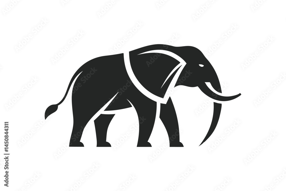 Fototapeta premium Striking black silhouette reveals majestic walking elephant with detailed tusk and powerful form against white