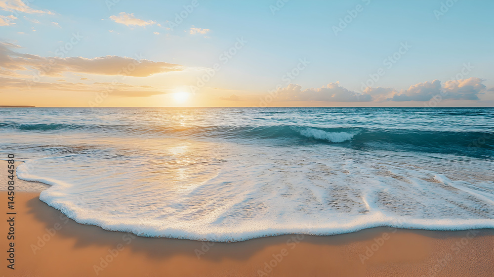 Obraz premium Serene sunset over ocean waves gently lapping sandy shore Tranquil beach scene with calm water and warm light