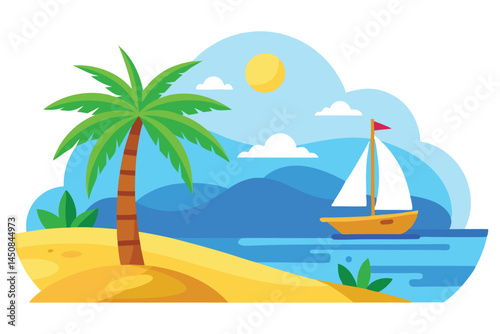 Sunny seascape featuring a sailboat sailing near a sandy beach with palm tree