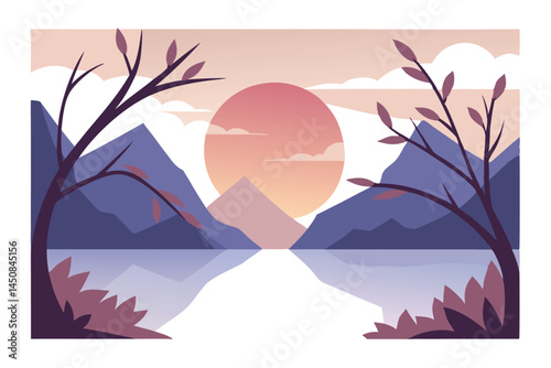 Sunset over a serene lake reflects distant mountains framed by trees in this scenery