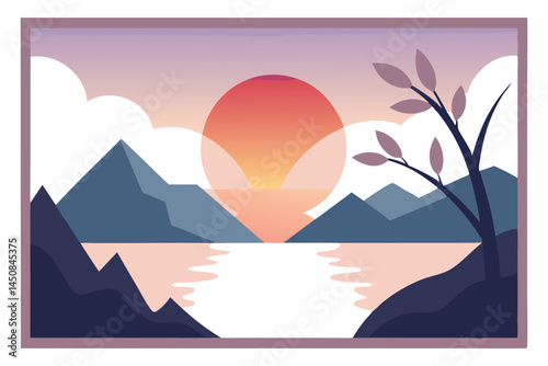 Sunrise reflects off lake, mountains peek through clouds, tree in foreground completes scene