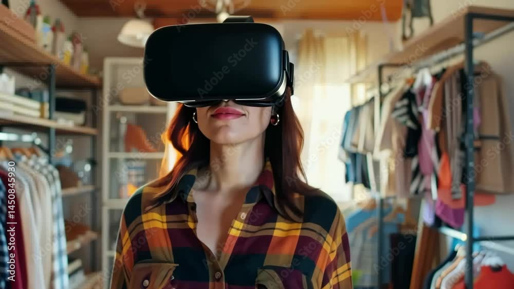 A woman experiences virtual reality using a VR headset, seated in a cozy room A woman experiences virtual reality using a VR headset, seated in a cozy room