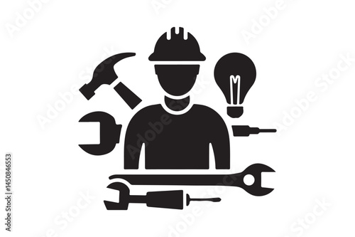 Construction Worker Tools Icon Handyman, Repair, Maintenance, Engineering Vector Symbol