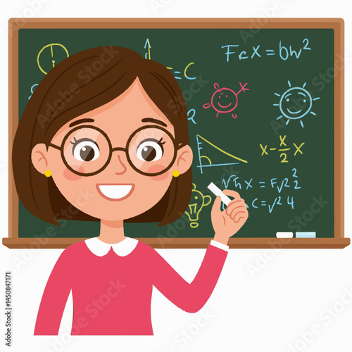 A female teacher writing on a chalkboard with a smile, holding chalk and wearing glasses.