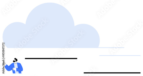 Businessman pointing at an abstract blue cloud with horizontal lines suggesting speed and connectivity. Ideal for technology, cloud computing, data storage, presentation, innovation, business