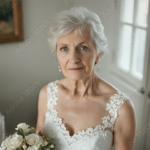 Old gray-haired beautiful woman in a white wedding dress. Senior bride.