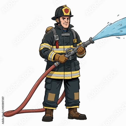 A cartoon male firefighter holding a hose and wearing full gear including a helmet.