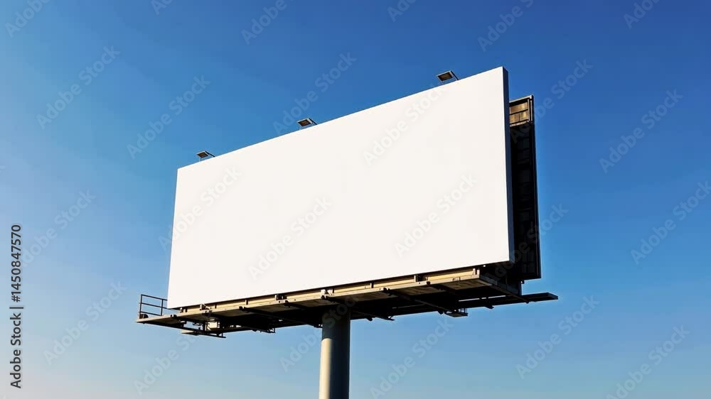 A blank billboard stands tall against a bright blue sky, ready for advertisements or promotional displays A blank billboard stands tall against a bright blue sky, ready for advertisements or promotional displays