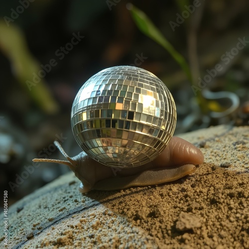 Party time. Snail whose shell is entirely a disco ball. 
