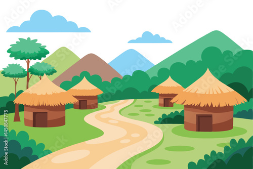 Three straw thatched huts line a winding path through the hilly rural landscape