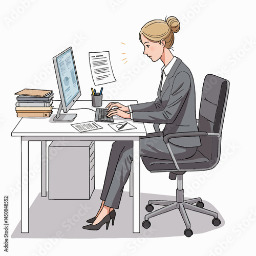 A female office worker typing on a desktop computer at a minimalist desk with documents beside her.