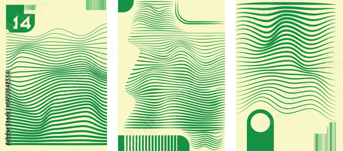 Abstract line wave gradient poster background vector set. Minimalist cover template with vibrant perspective line wave in motion. Ideal design for social media, cover, banner, flyer, music, ads.