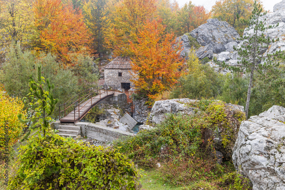 An old stone grist mill and footbridge on the Valbonas River in Valbona Valley National Park.