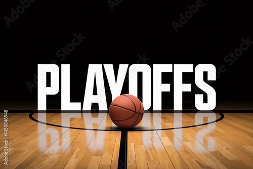 The word playoffs stands above a basketball on a basketball court, ready for action.