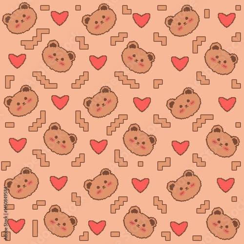 A colorful seamless pattern featuring an adorable cartoon bear face and red heart on a light brown background. Ideal for kids designs, wallpapers and fun art inspired apps.