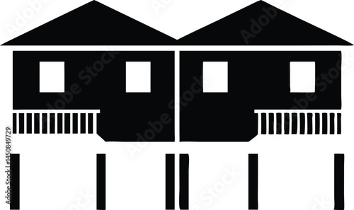 Two black houses stand connected on stilts, a simple with a transparent background