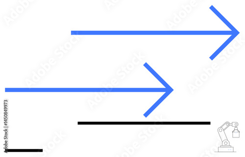 Blue arrows indicating forward motion, black horizontal lines, and a robotic arm. Ideal for progress, innovation, automation, efficiency, technology, industrial revolution simple landing page