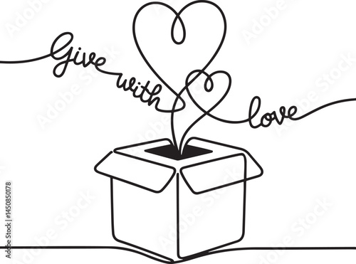 Heart-shaped love message coming out of gift box in minimalist continuous line drawing style