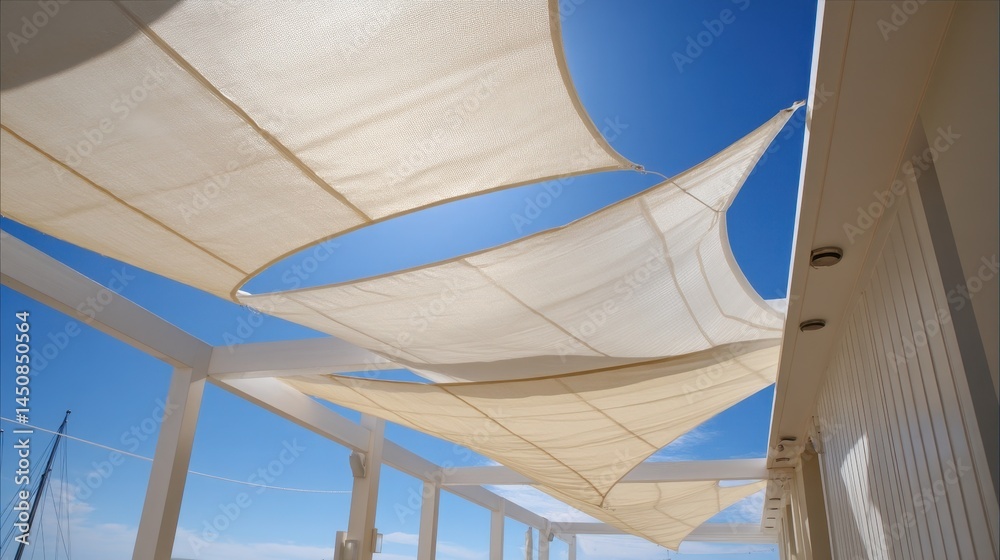 Fototapeta premium Chic Terrace in Summer Featuring Stylish Shade Sails Against a Blue Sky