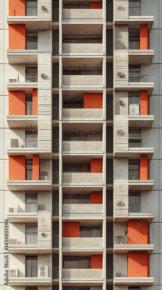 Multi-story building with repeating orange and light gray panels. Balconies and windows are clearly visible, creating a geometric pattern Multi-story building with repeating orange and light gray panels. Balconies and windows are clearly visible, creating a geometric pattern