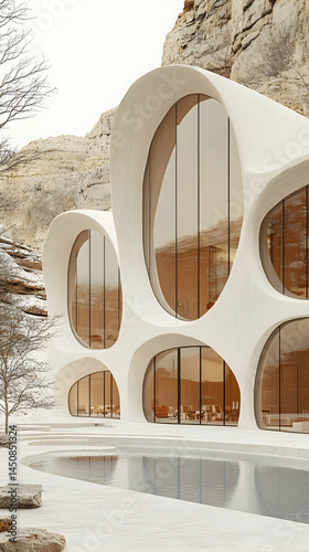 Modern, minimalist building with flowing curves, nestled within a rocky landscape, featuring large, oval windows, reflecting in a placid water feature