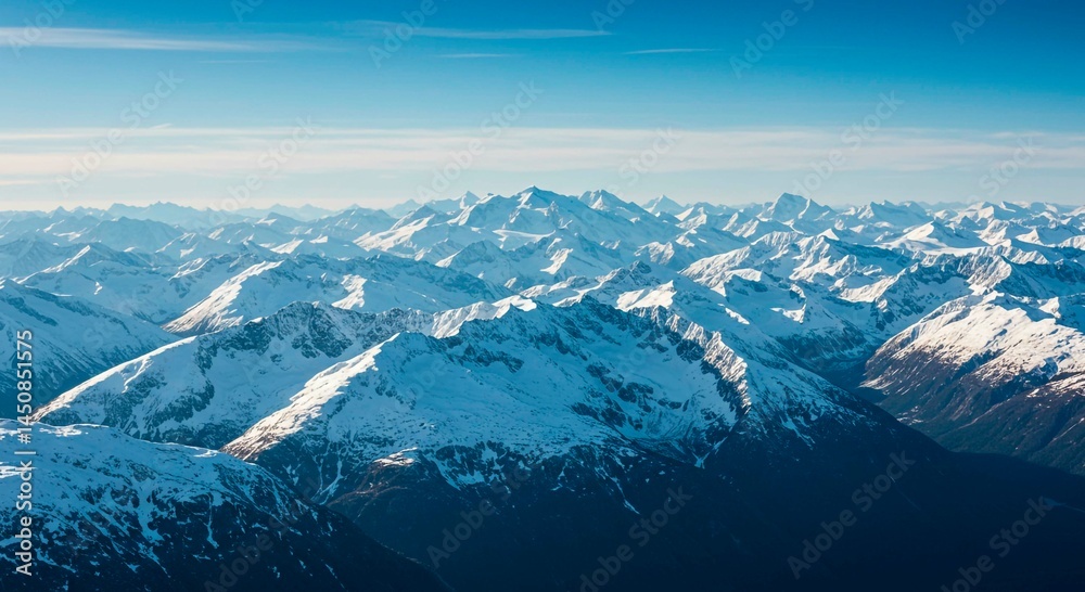Obraz premium Aerial view of a vast mountain range covered in snow under a clear blue sky on a bright sunny day