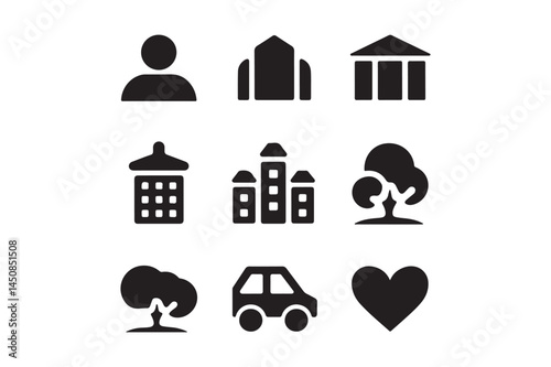 City Life Icon Set Urban Elements, Buildings, Trees, Car, and Heart Symbols