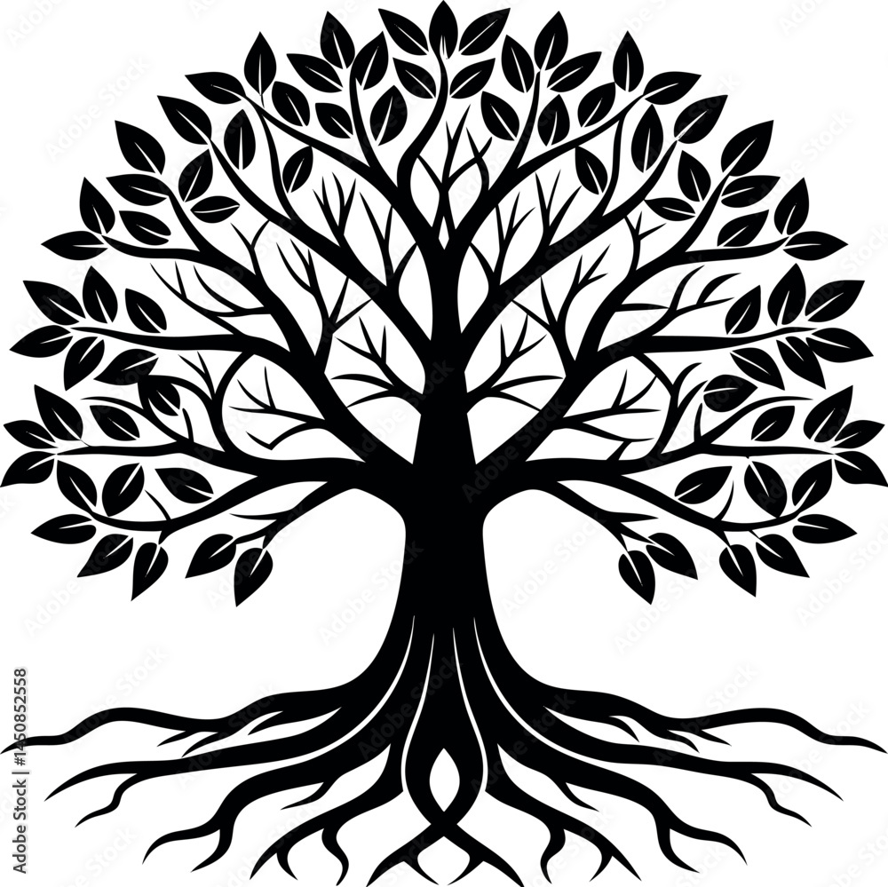 Obraz premium Tree Of Life Silhouette Vector With Roots And Bran