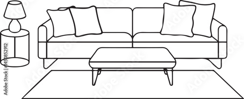 A black and white line drawing depicts a comfortable living room setup, Line Drawing of a Cozy Living Room Set