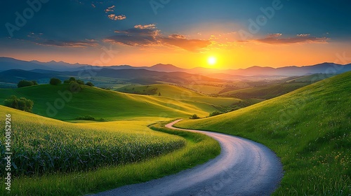 Winding road through sunlit hills