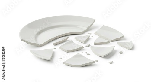 A broken white ceramic plate shattered into multiple pieces scattered on a white surface in a studio shot