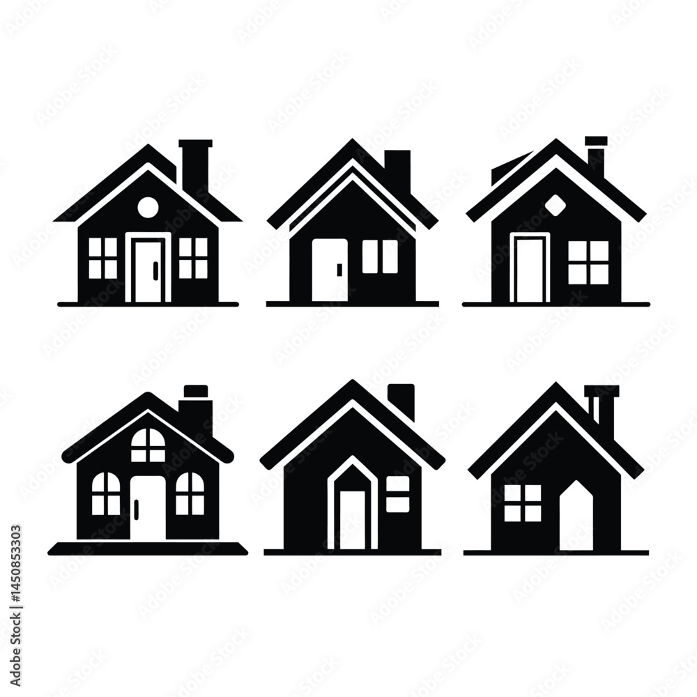 Simple House Icons – Black Silhouette Vector Set, Simple House Icons – Black Silhouette Vector Set,