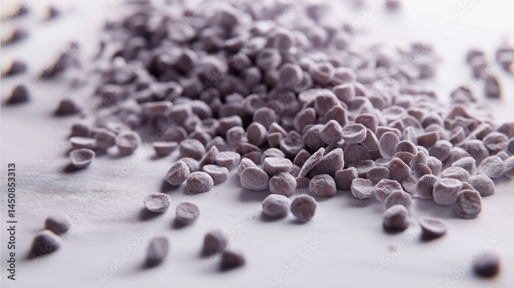 Close-up of scattered plant-based bioplastic granules on light background, ideal for sustainability visuals, eco packaging, and green technology campaigns
