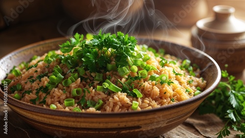 Arroz carreteiro topped with fresh herbs in a rustic setting  