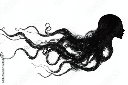 Black octopus hair woman silhouette illustration art print poster design for wall decor ideas