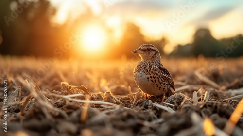 A beautiful sparrow stands on the ground as the sun sets, wrapping the scene in warm golden hues, highlighting the natural beauty of the countryside in evening light.