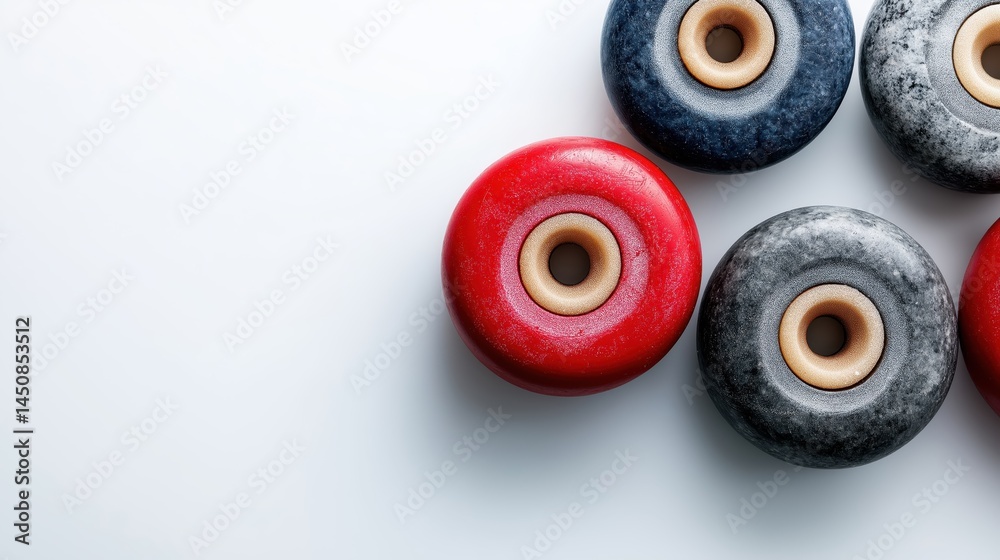 Top-down view of curling stones arranged on ice for competition, perfect for sports advertising, winter sports visuals, and curling championship promotions