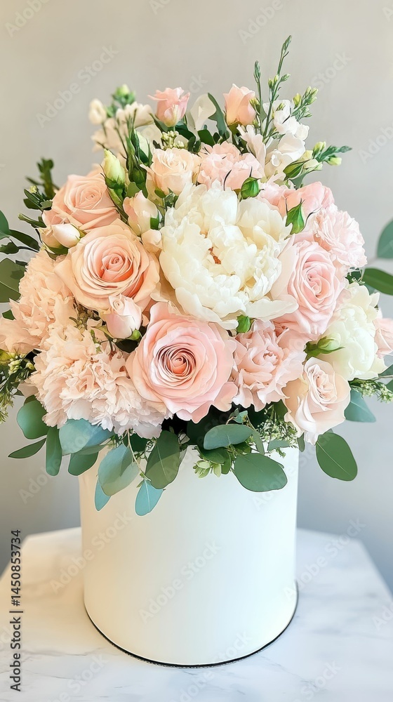 Obraz premium Pastel flowers in a white hatbox.